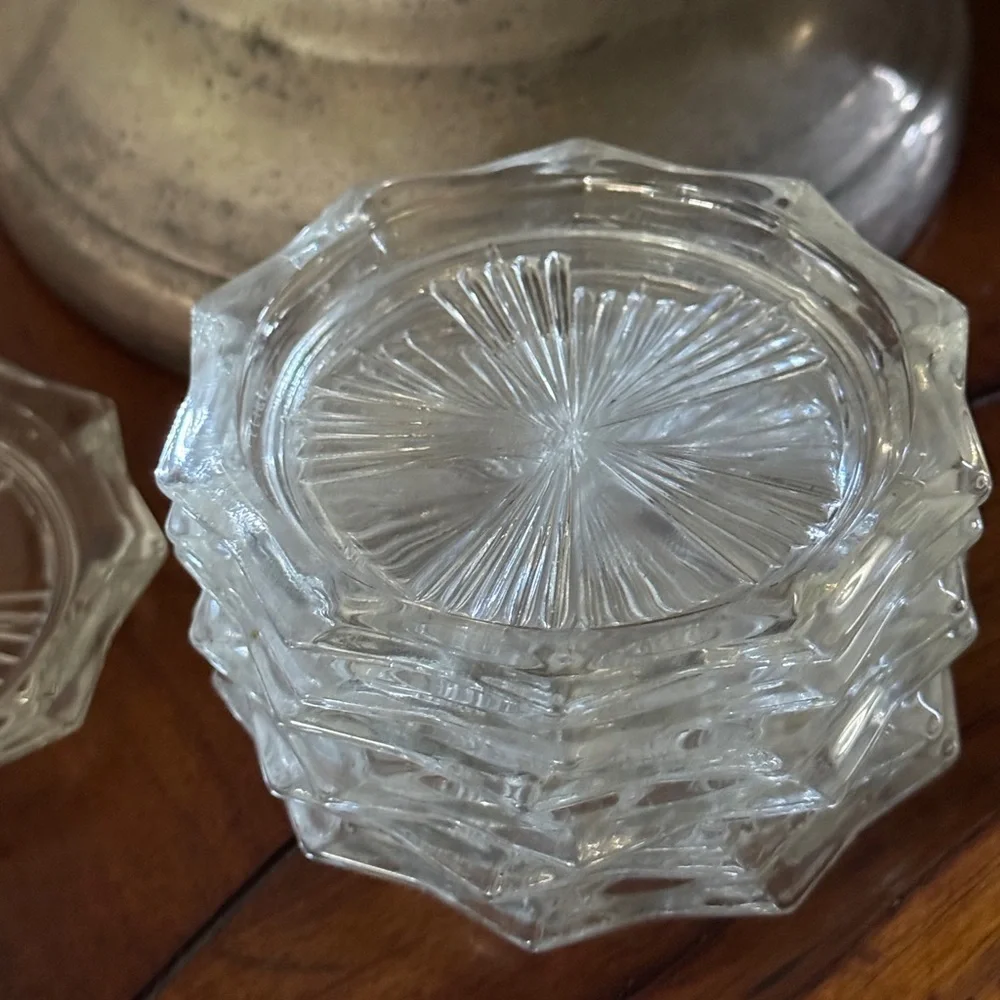 Vintage Barware Coaster Set Reims French Crystal Sunburst Cottagecore